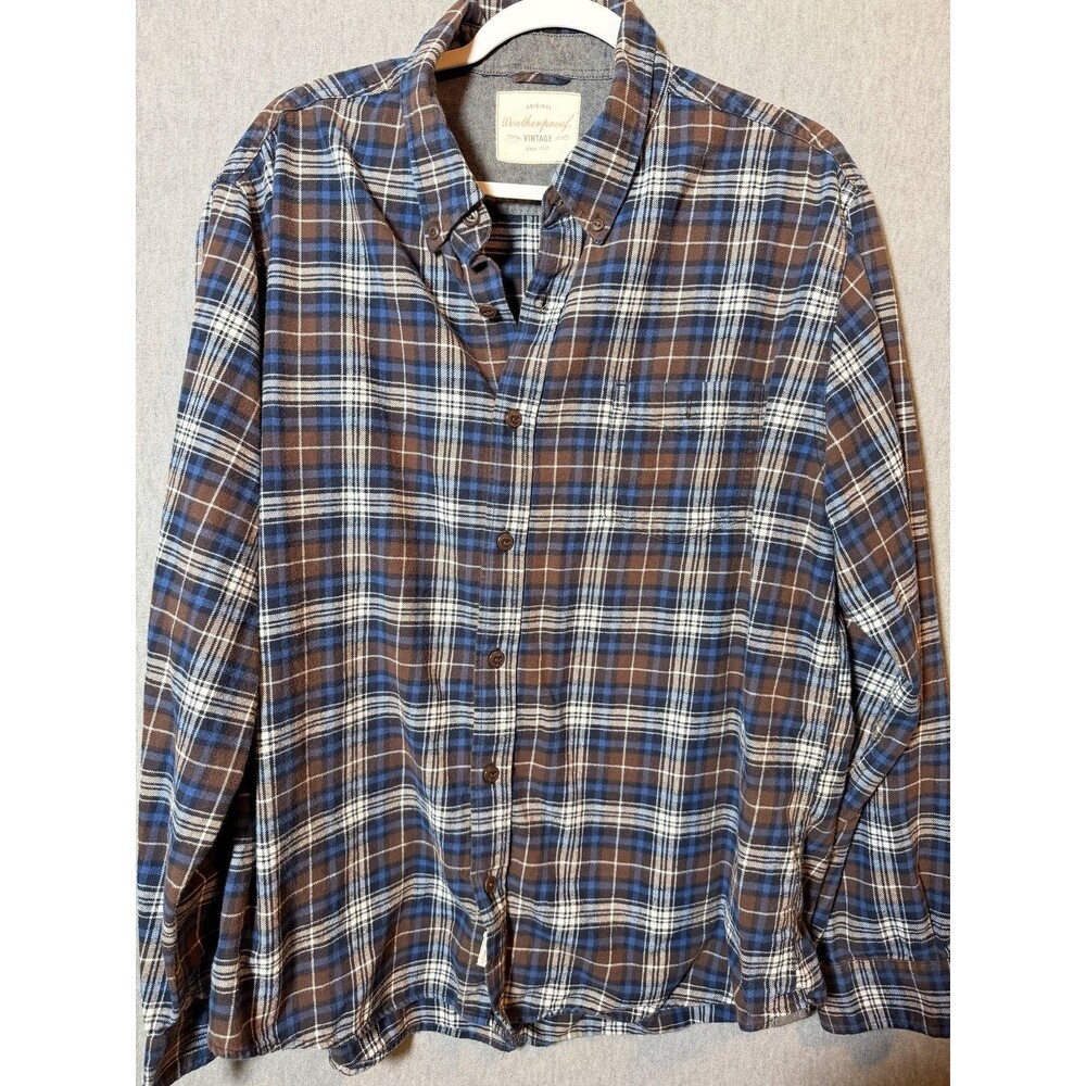 Weatherproof Vintage Men's XXL Brown Blue Plaid Flannel Button Down Shirt